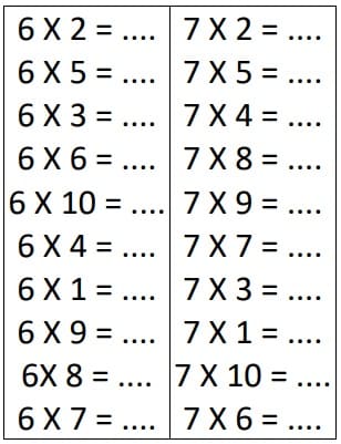 Exercice table de multiplication 6 et 7