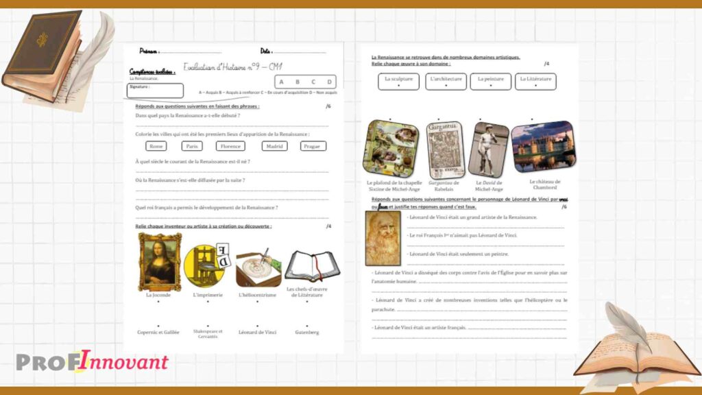 évaluation histoire cm1 sur la renaissance