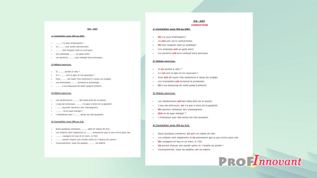 Exercices sur ON ou ONT avec correction