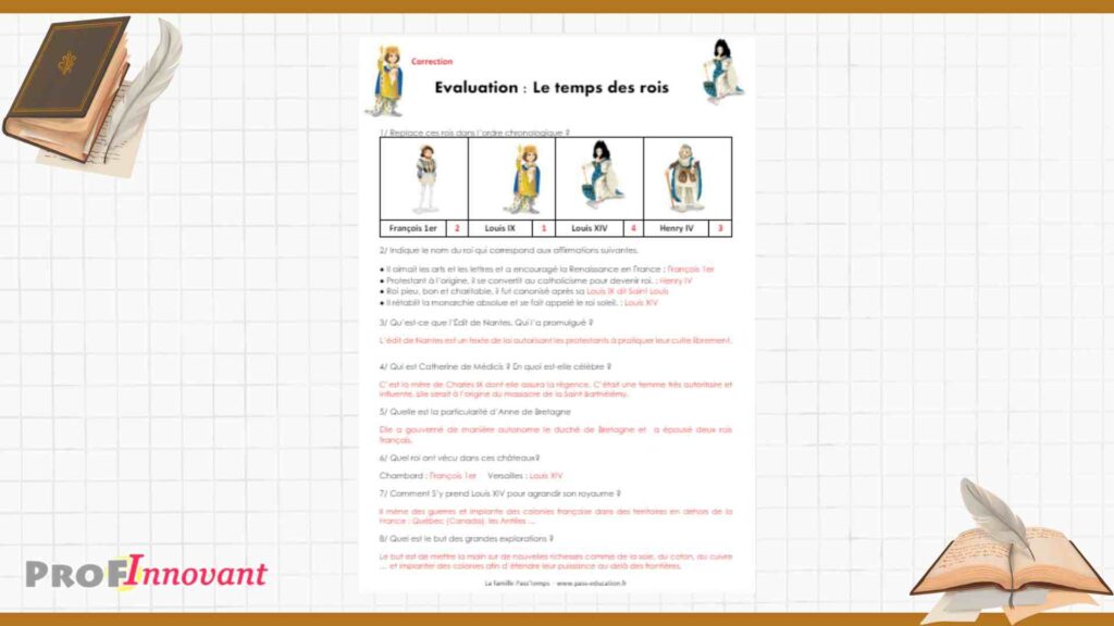 fiche d’évaluation histoire cm1 sur le temps des rois 