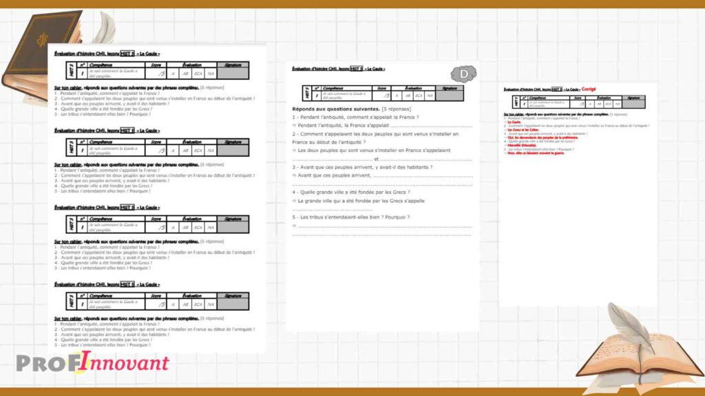 fiche évaluation  histoire cm1 sur la Gaule