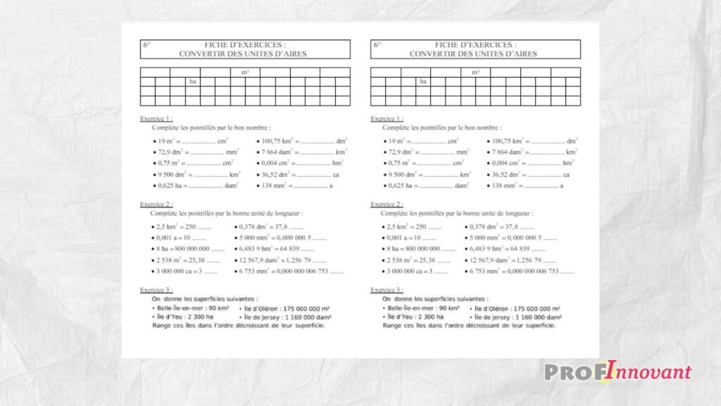 Exercices de conversion des unités d’aires 