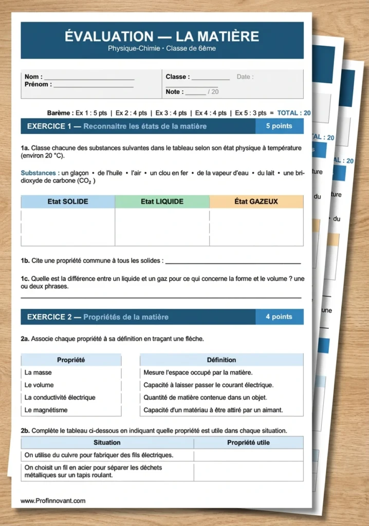 évaluation sur la matière 6ème