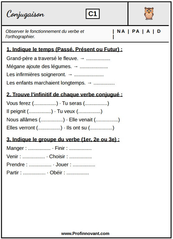 fiches Conjugaison évaluation français CM2