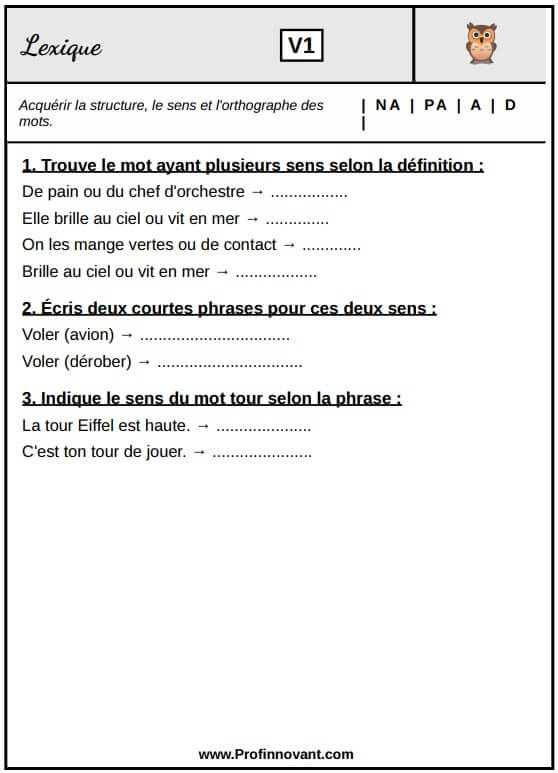 fiches Lexique évaluation français CM2