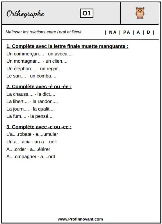 fiches Orthographe évaluation français CM2
