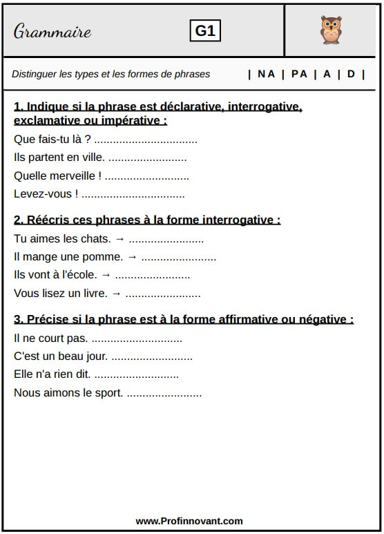 fiches grammaire évaluation français CM2